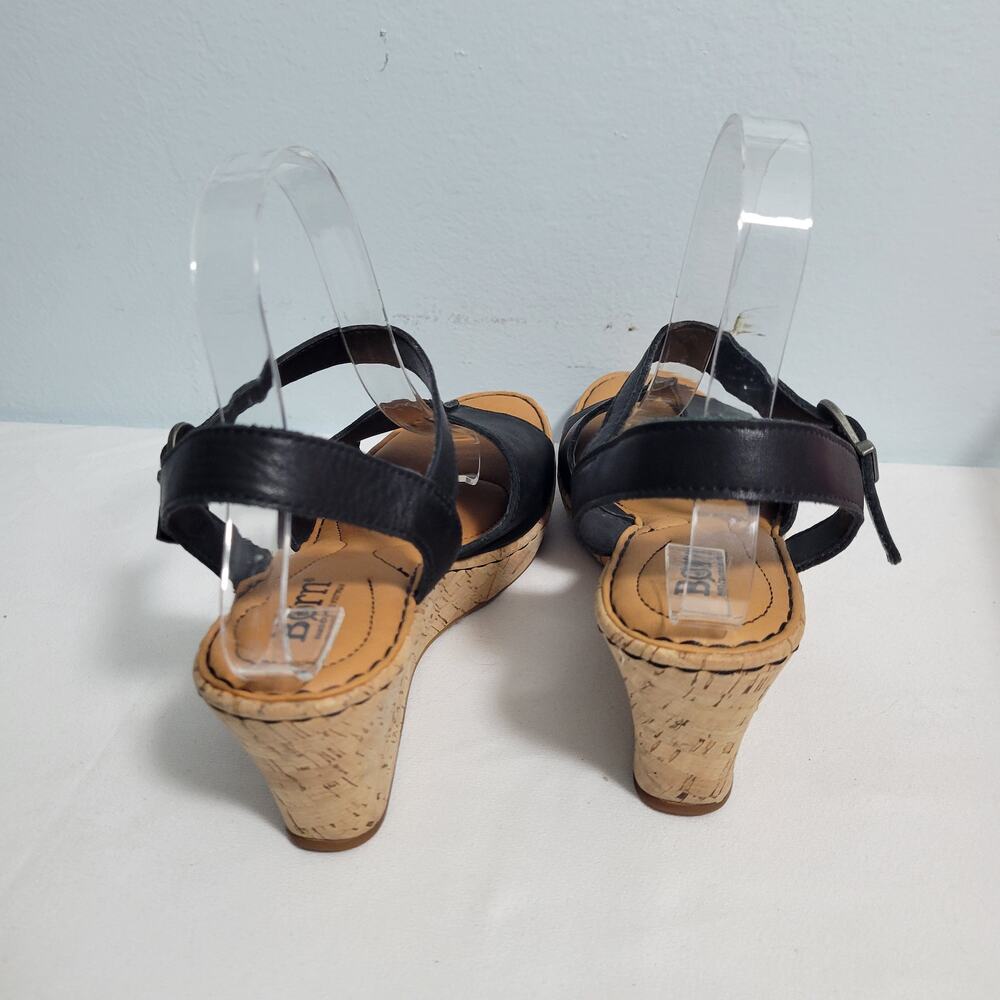Born Agnio Women's Black Leather Cork Wedge Sandals Size 9M 81825-2788 - Picture 3 of 6